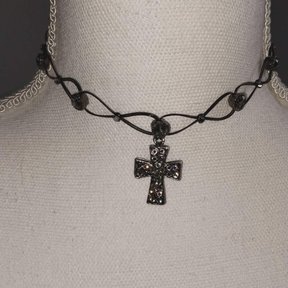2 sided rhinestone cross choker new